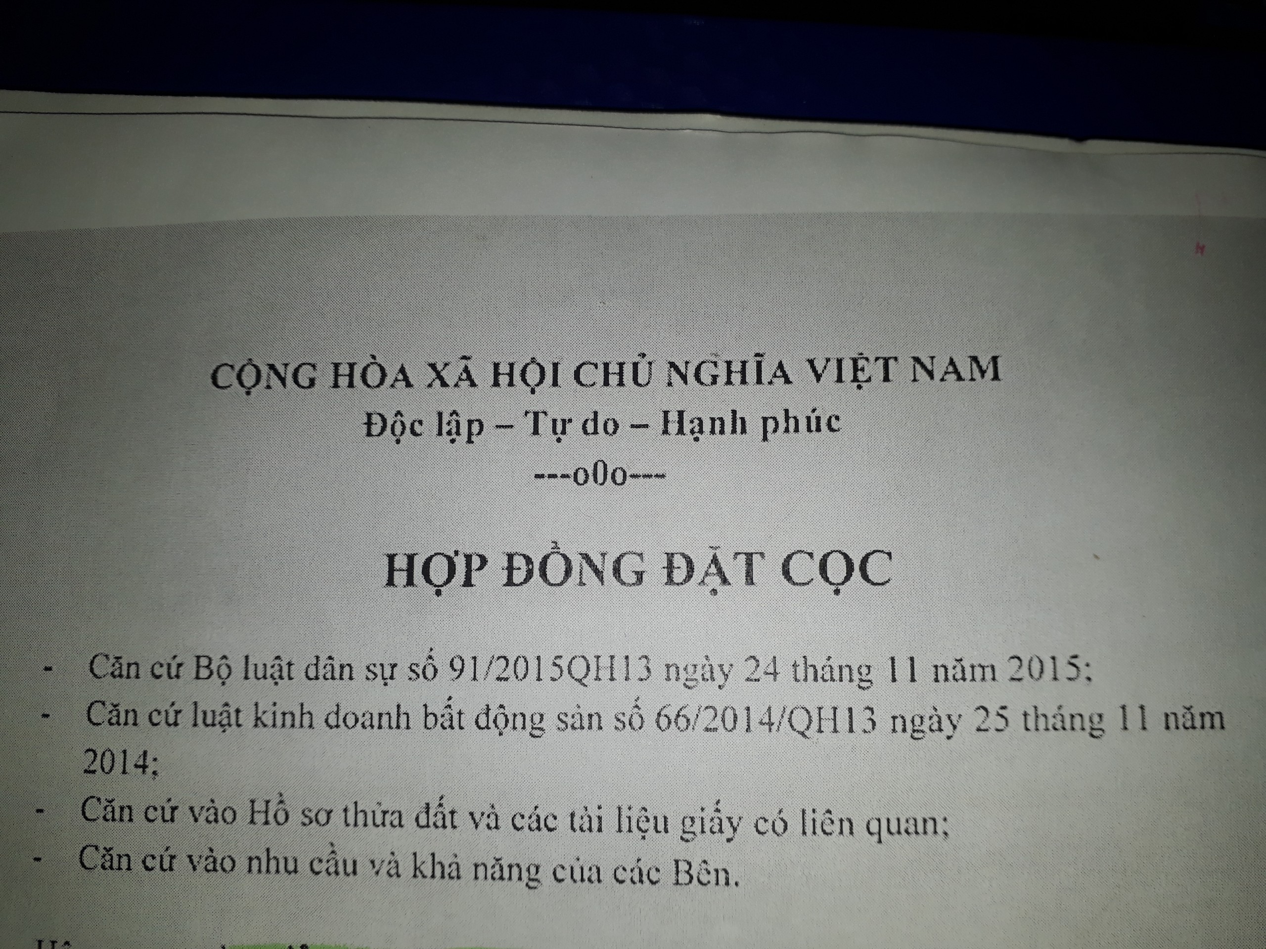 HĐ - HỢP ĐỒNG ĐẶT CỌC THEO QUY ĐỊNH CỦA PH&Aacute;P LUẬT HIỆN H&Agrave;NH